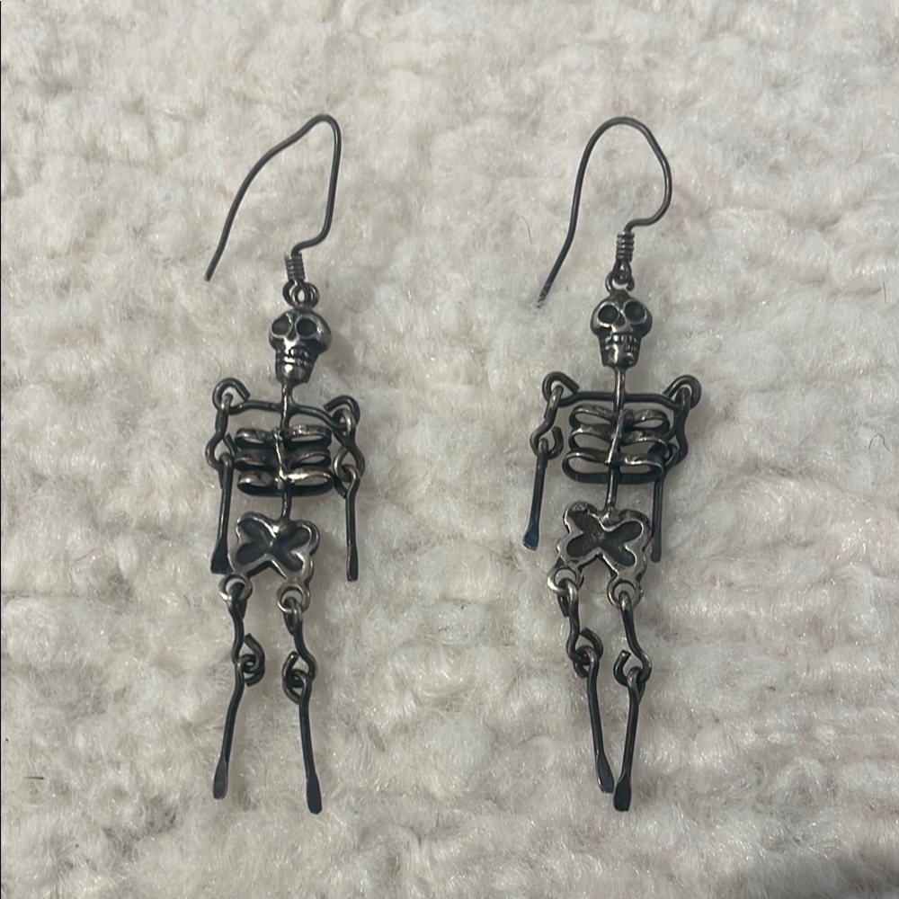 Silver Skeleton Dangle Earrings With Wire Hooks - image 1